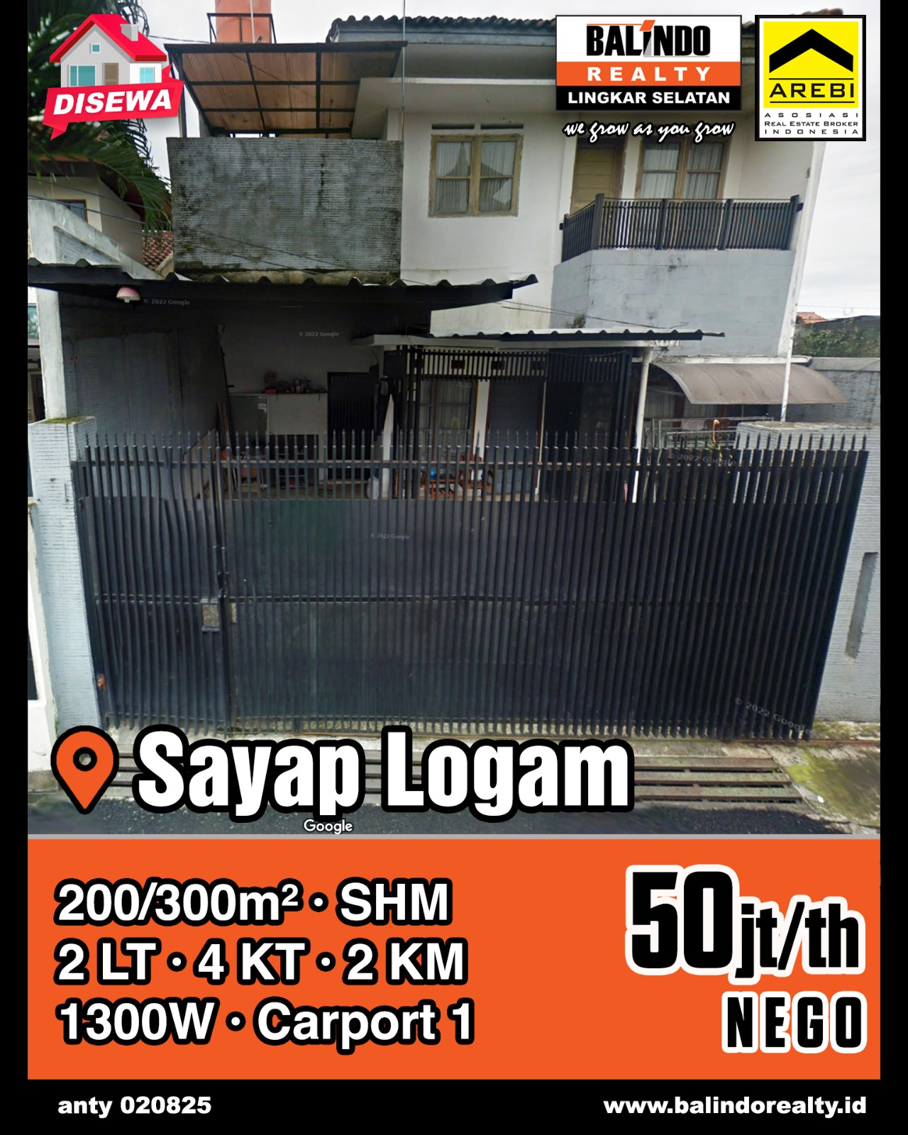 Disewakan Rumah 2 Lantai Strategis Tengah Kota di Sayap Logam